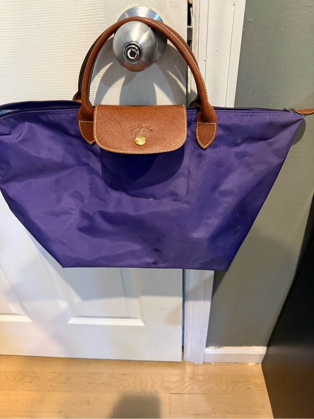 Longchamp Purple Nylon Tote with Brown Leather Trim and Handles